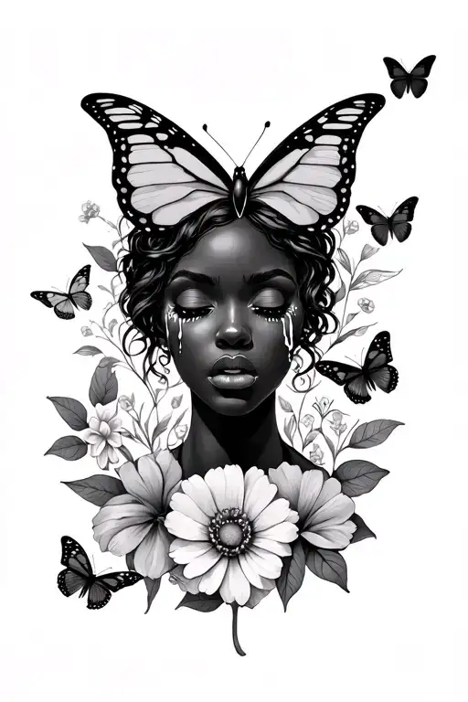 Butterflies Flowers Crying Black Woman