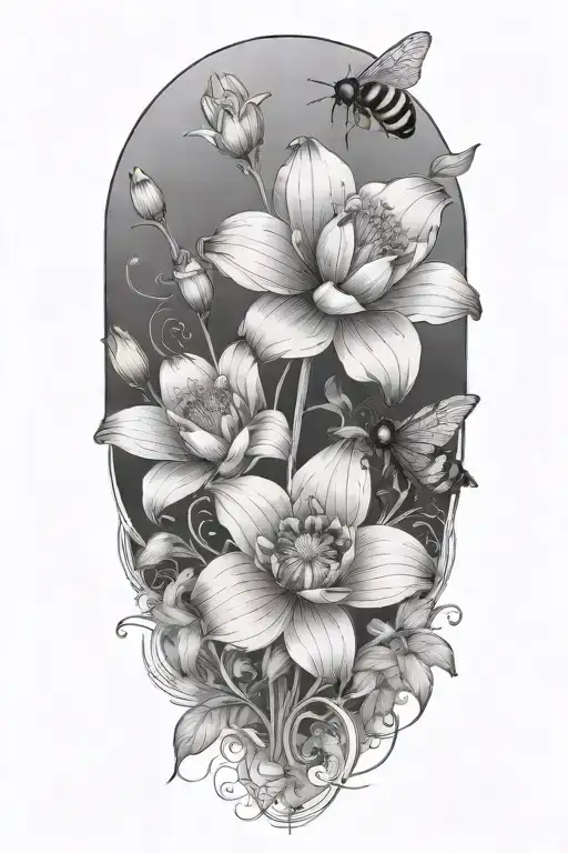 Lily Poppy Lotus Flowers Blooming With Bee Flying Towards