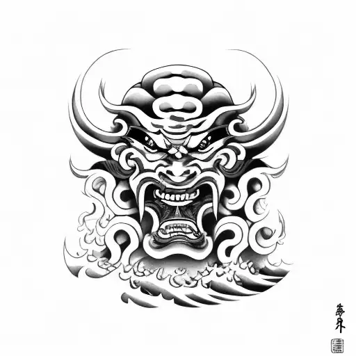 An Japanese Oni Mask Demon Surfing On A Wave In The Ocean
