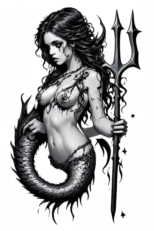 Gothic Siren With Decaying Tail Holding Broken Trident