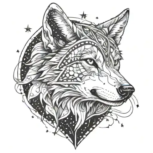 A Surreal Scene Of A Wolf Exploring A Galaxy Made Of Psychedelic Patterns And Stars