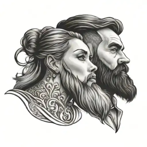 A Tattoo Design Of A Bearded Father And Daughter