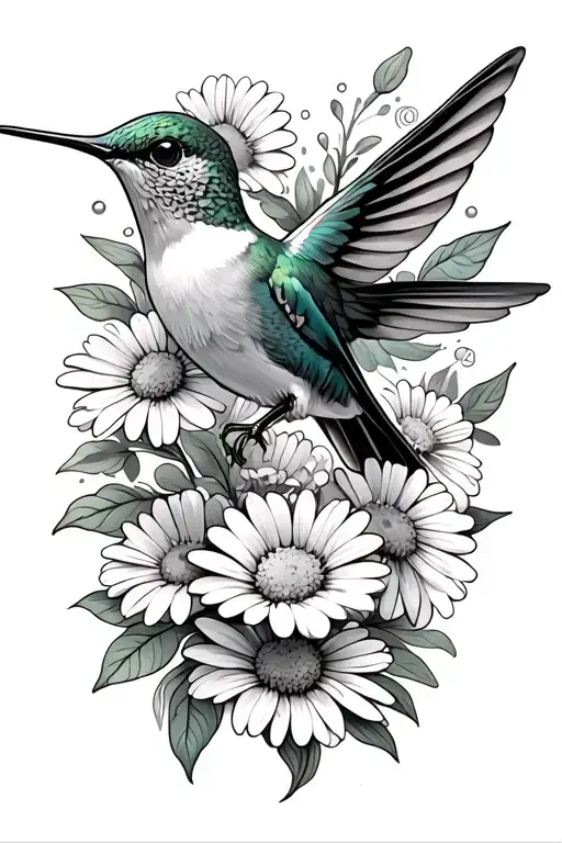Hummingbird Eating Daisies And Sweet Peas