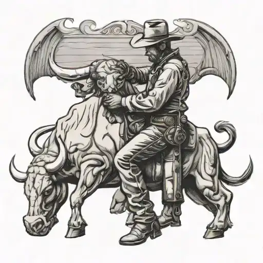 Cowboy On His Knees With A Bull On His Side