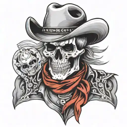 Black And White Cowboy Skull With Red Handkerchief Around Neck
