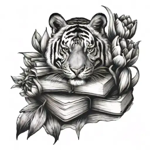 A Stack Of Books With A Tiger Peeking Out And Tulips Growing Around Them