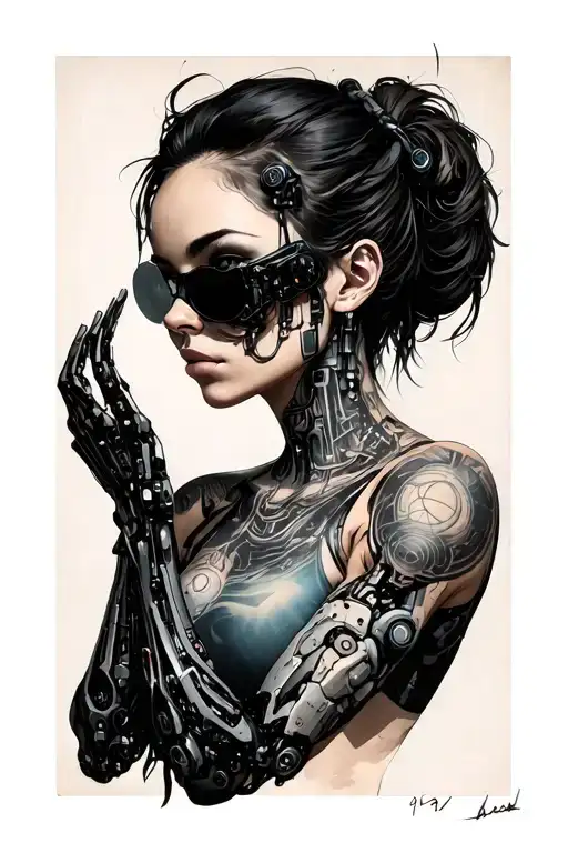Cyberpunk Lady With Robotic Arm And Neck