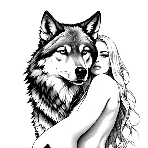 Wolf And A Nude Women Full Body Posing