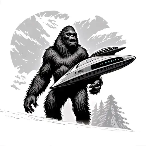 Sasquatch With Alien Spaceship Flying