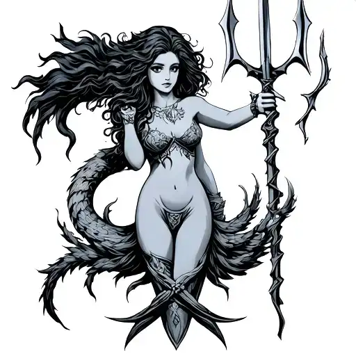 Siren Holding Broken Trident With Tail Wrapped Around Trident