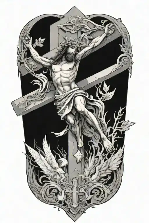 Jesus On Cross With Angles Pulling Him Up To Haven