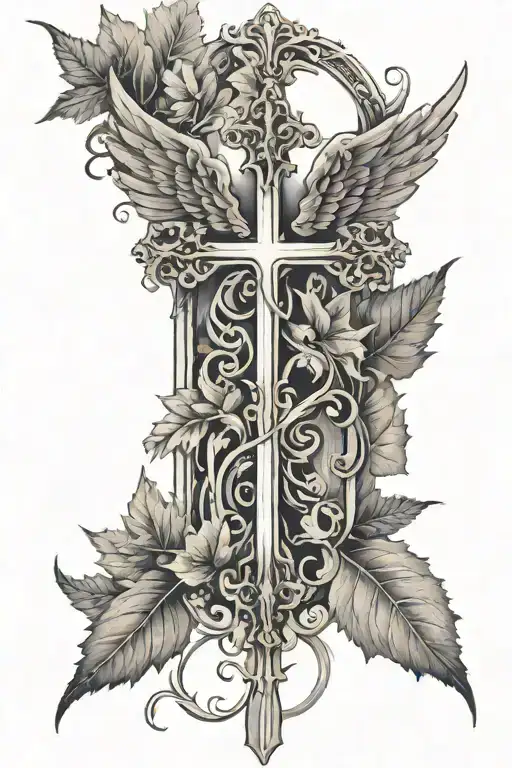 Cross With Fall Leaves And Angel Wings