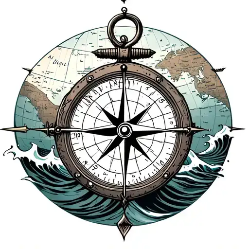 Compass And Anchor On Map With Waves Crashing