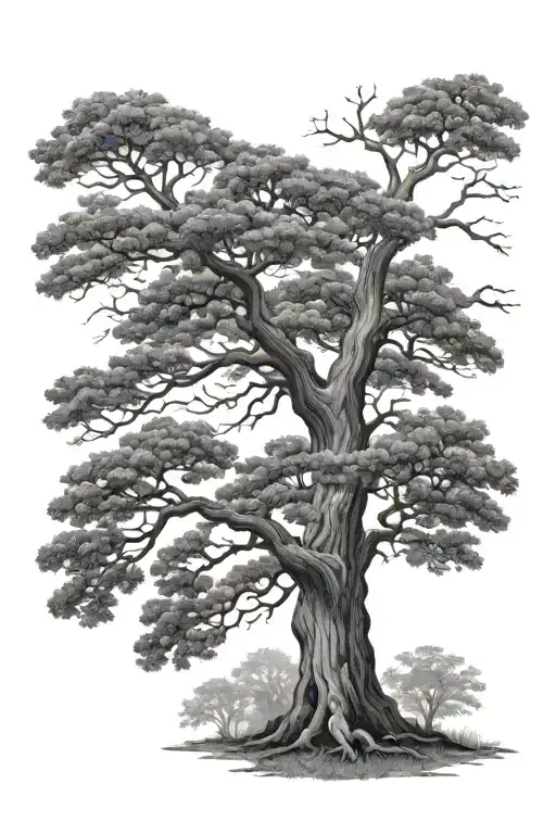 Big Oak Tree In Black Grey