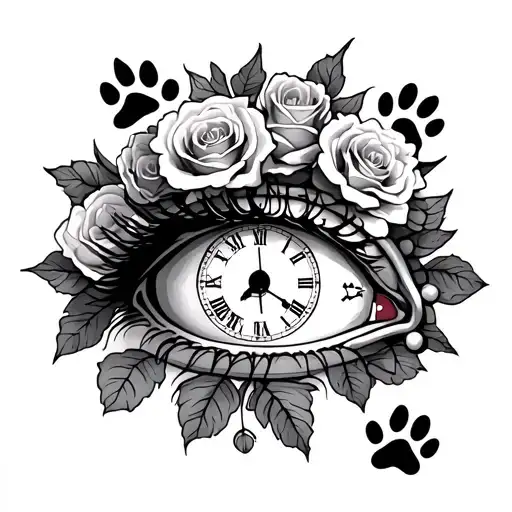Eye Surrounded By Roses With Dog Paw Prints And A Pocket Watch Half Sleeve