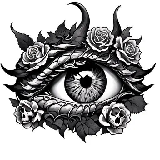 Dragon Eye With Scales Wrapped With Skulls And Roses