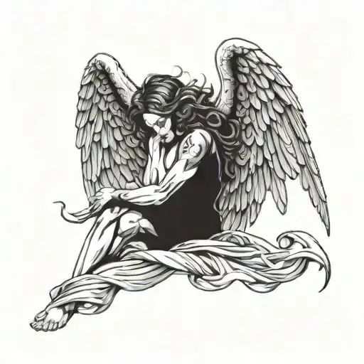 Angel With Very Big Wings And Crying