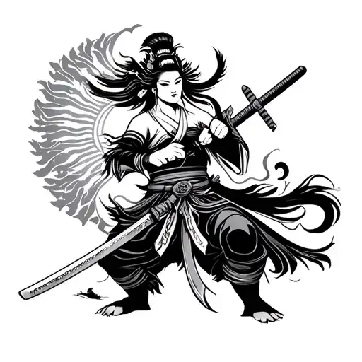 Sun Wukong With Geisha Holding A Katana