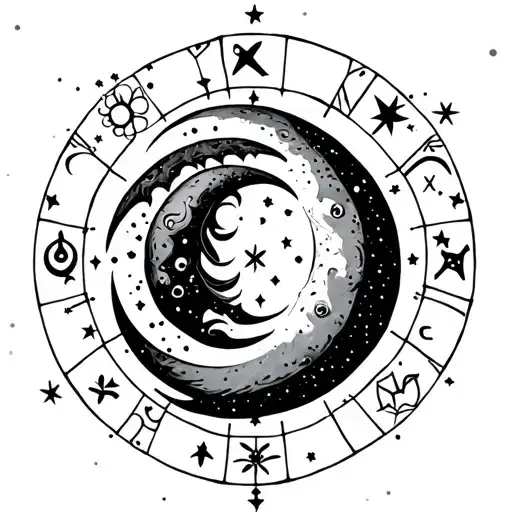 Simple Black Crescent Moon Surrounded By The Horoscope Symbols For Aquarius Taurus Cancer And Virgo