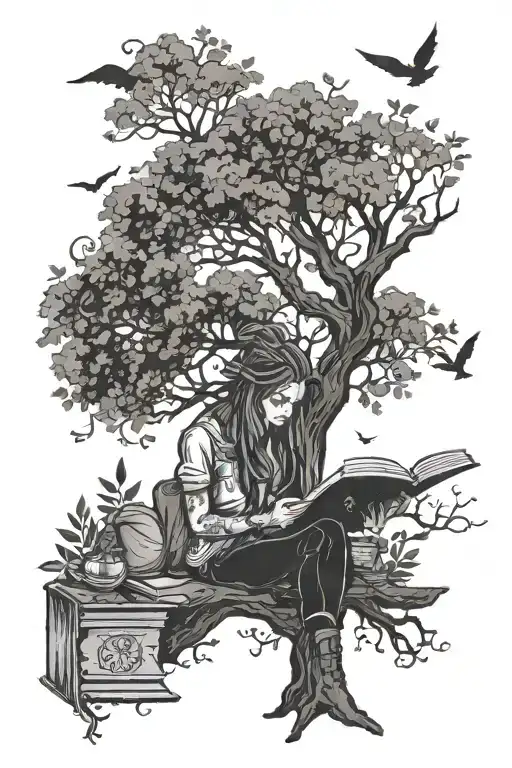 A Witchy Silhouette Reading A Book Under A Tree With Mystical Symbols