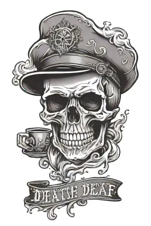 Skull Shaped Mug With Rising Steam That Says Death Before Decaf