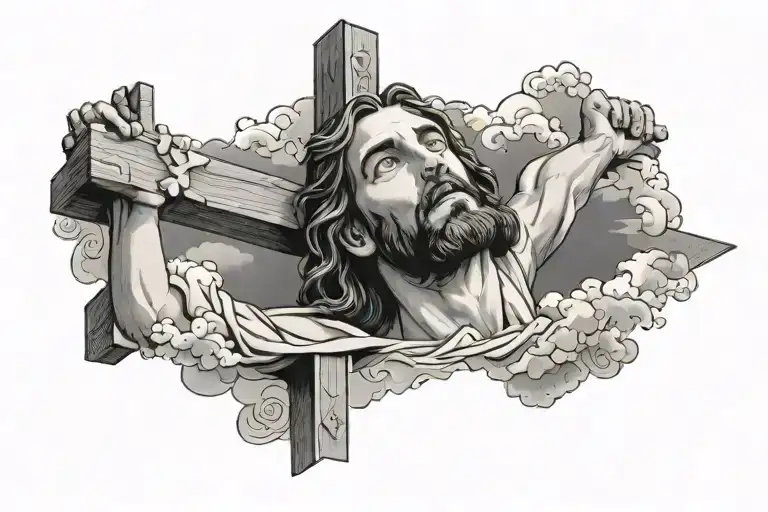 Jesus Holding Up A Cross With Clouds Surrounding