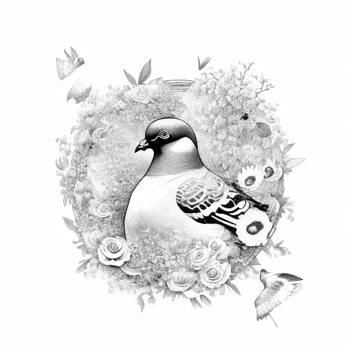 Pigeon In A Circle Of Flowers