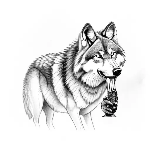 Wolf Holding A Tabacco Pipe In Its Mouth