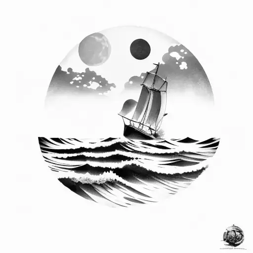 A Black-grey Tattoo Showcasing A Serene Beach With Crashing Waves Under A Beautiful Moonlit Sky