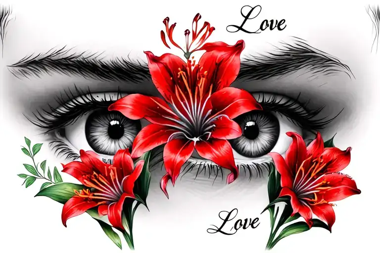 Beautiful Eyes With Red Spider Lily Flowers And The Word Love