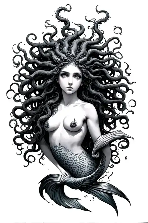 Medusa As A Mermaid Body Swimming Upstream