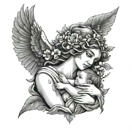 Demeter The Greek Goddess Cradling A Baby Surrounded By Fruits And Flowers