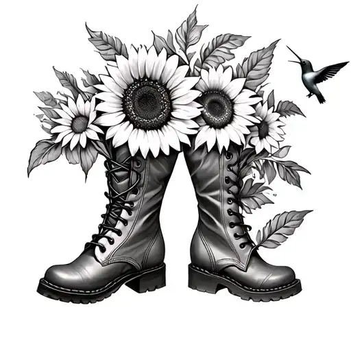 Sunflowers In Boots With Hummingbird Over The Flowers