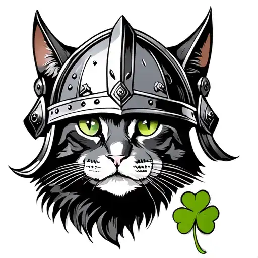 Viking Helmeted Cat With 4 Leaf Clover Fur Patch