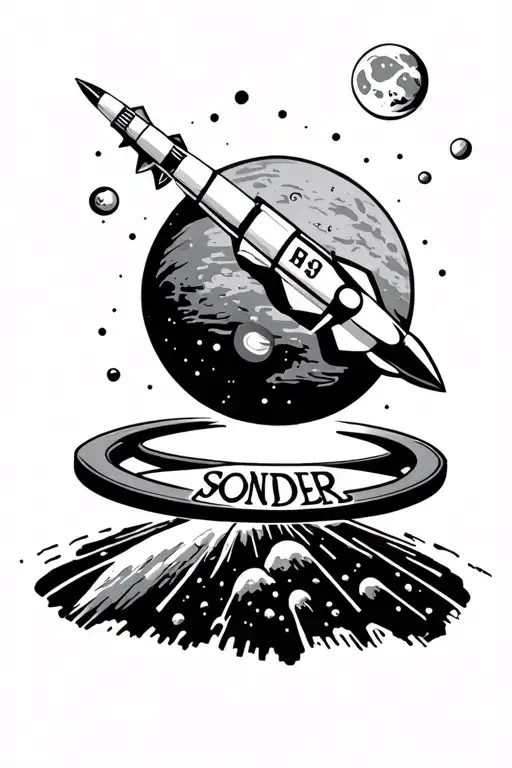 A Floating Planet With The Word 'Sonder' As The Ring With A Rocket Shooting To The Moon Next To It