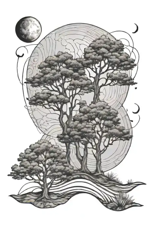 3 Trees And A Moon With Topographic Map Lines