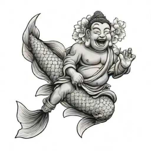 Laughing Budda Riding Koi Fish With Flowers Growing