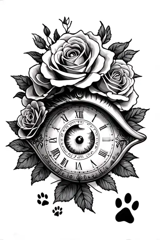 Eye Surrounded By Roses With Dog Paw Prints And A Pocket Watch