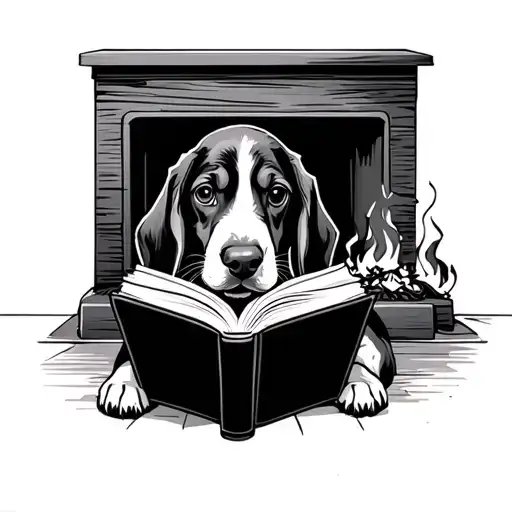 Basset Hound Puppy Reading A Book By The Fire Place