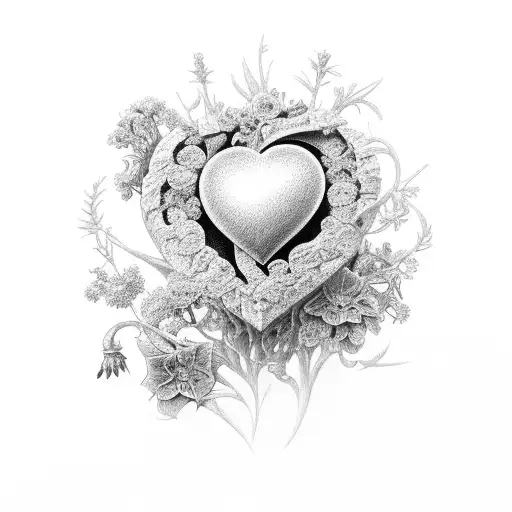 A Black And Grey Depiction Of A Heart Made Of Larkspur Flowers