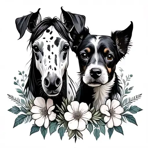 Appaloosa Horse And Dog Jack Russel With Flowers