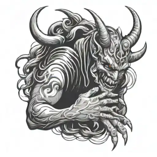 A Demon With A Human Mask In Hands On Covering His Face