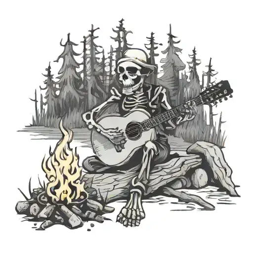Skeleton Playing Guitar Next To A Campfire