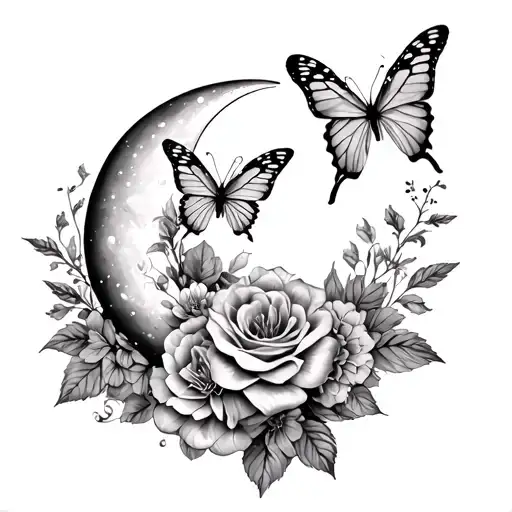 Hip Tattoo With Crescent Moon Butterflies Hydrangeas Roses And Lilys