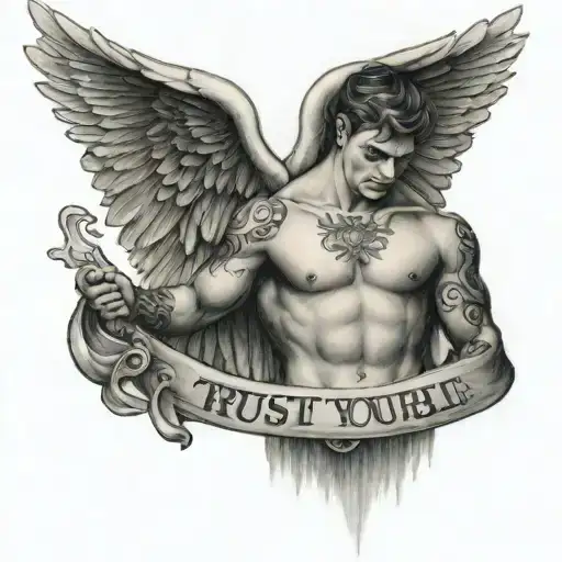Topless Male Angel With A Banner Underneath 'Trust Yourself'
