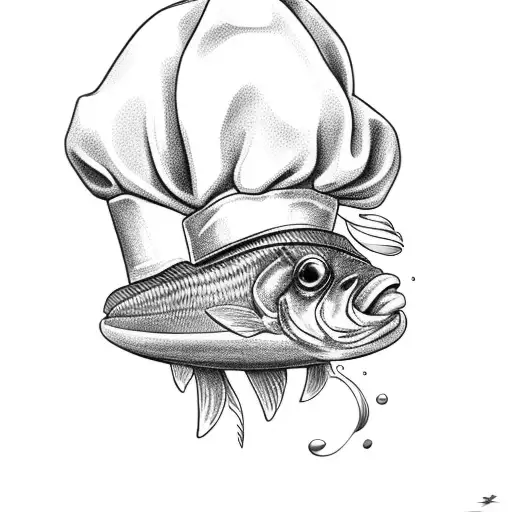 A Black-grey Tattoo Of A Fish Wearing A Chef's Hat