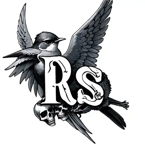 Flying Robin With Angel Holding And Skulls With Letter R S