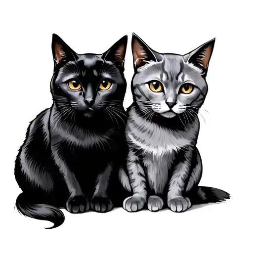 Slightly Taller Grey Cat Sitting Next To Black Cat