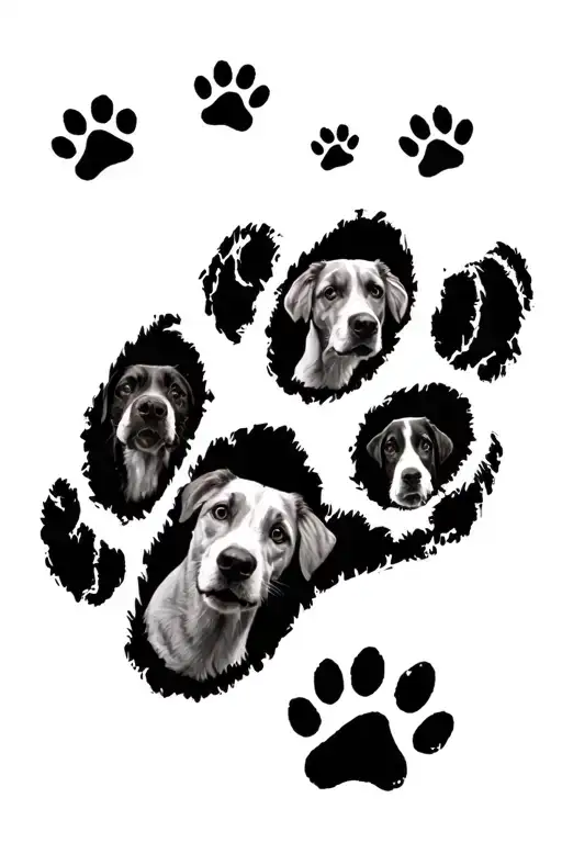 Realistic Arm Sleeve Tattoo Featuring Dog Paw Prints With Dogs Portrait Inside The Paw Prints