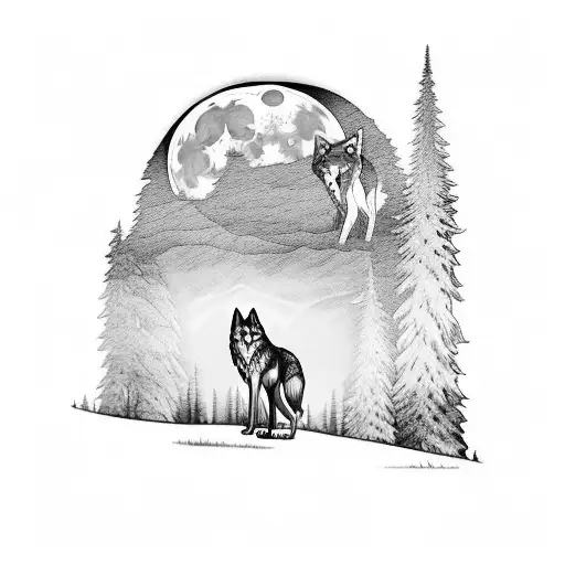 Half Sleeve Wolf Standing At Lake In Front Of A Forest With A Full Moon